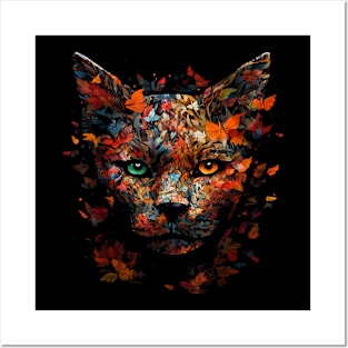 Cat Autumn Leaves Art - Colourful Eyes Cat Motif Posters and Art